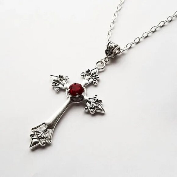 Gothic Cross Fashion Necklace with Red Jewel - Picture 6 of 7